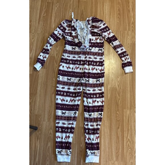 Cabin Fever Pajamas Hooded One Piece Woodland Animals Med Zipper Cozy - Picture 2 of 7